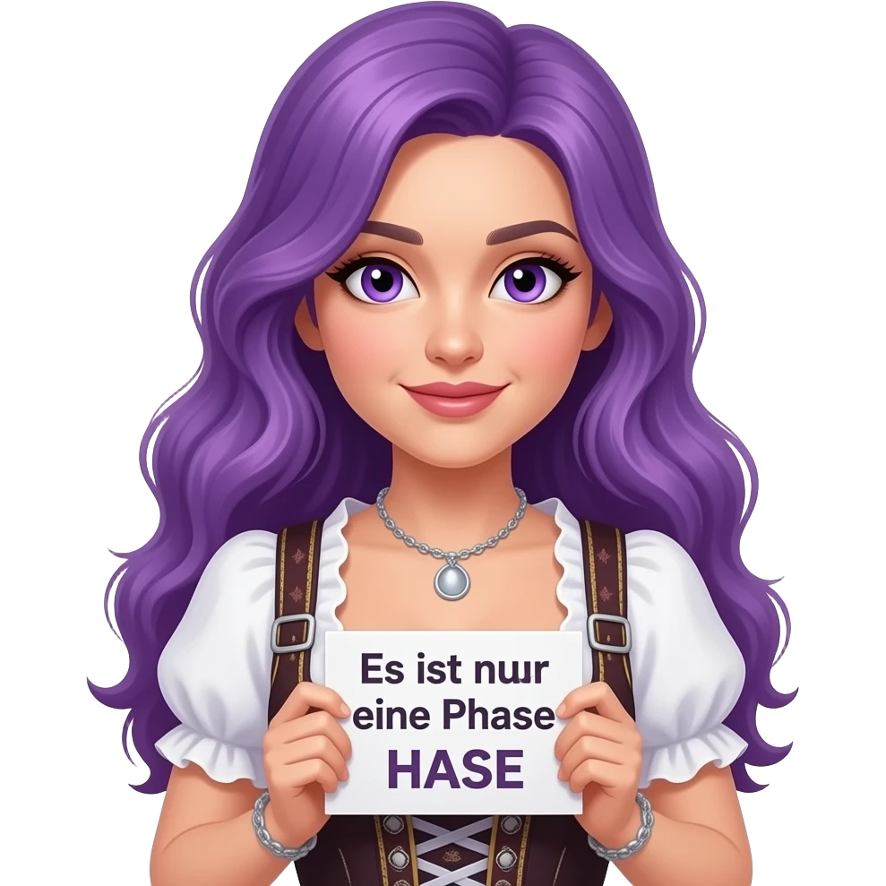 sexy girl with long purple hair and purple eyes wearing a dirndl holding a Es ist nur eine Phase HASE sign emoji