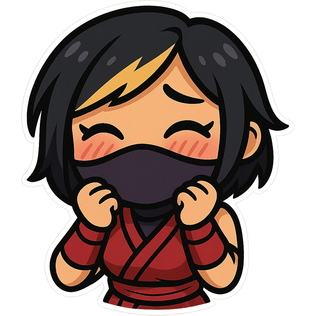 Sexy chibi ninja girl with black short hair and a blonde streak, only head and arms, colorful chibi style with bold outlines, transparent background, no mask, embarrassed face with blushing cheeks and shy smile, sized for Twitch emoji use. emoji