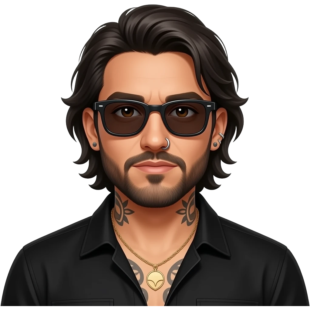 The handsome manly Latino podcast host with medium length hair, a long slightly graying beard and tattoos with his ears pierced 1 time each ear and a nose ring on the right side, dark brown eyes, wearing black, super dark sunglasses, jewelry, getting undressed emoji