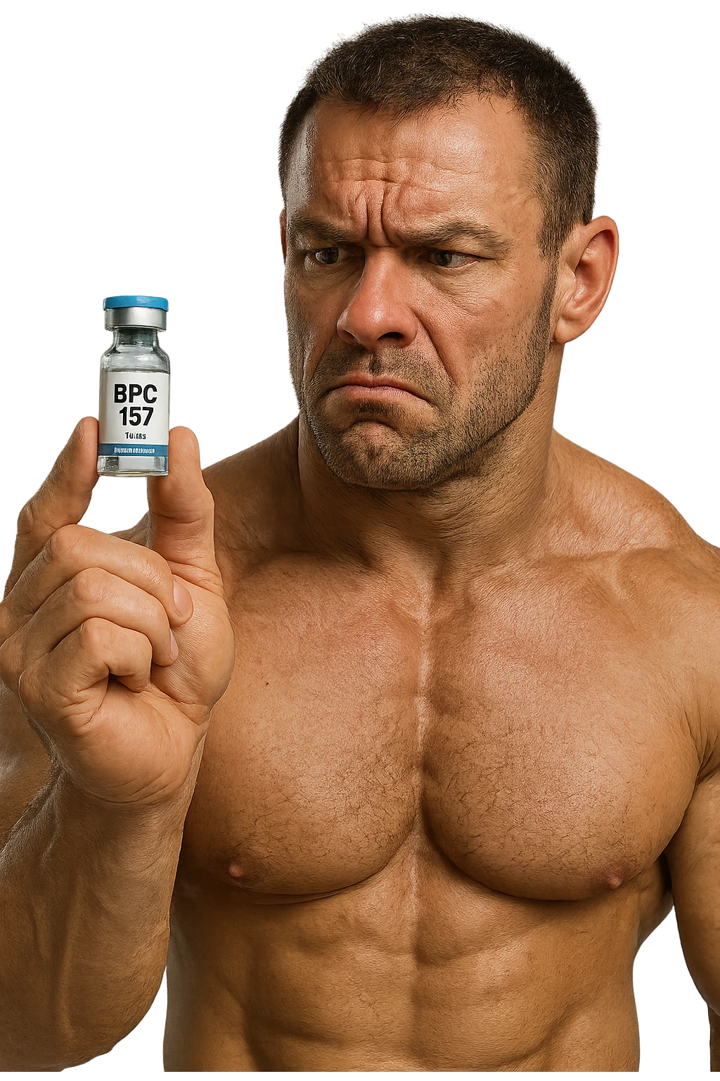 BODYBUILDER CHE TIENE IN MANO UNA FIALA MEDICA CON la scritta "BPC 157" SULL'ETICHETTA E LA GUARDA DUBBIOSO, iperrealistico 4k emoji