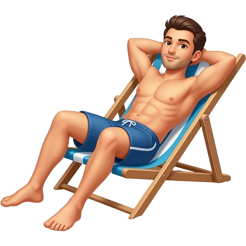 Erstellen ein Emoji von einem Mann der sich in Badehose am Strand als Hintergrund auf einer liege in der Sonne entspannt sonnt emoji