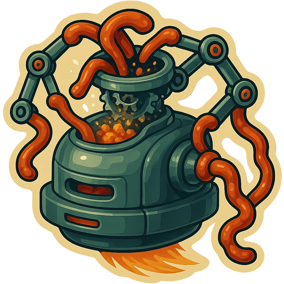 hovering robot. stuffs material into large hole on its top with 2 arms. no head. hole is where a head would be. spinning gears and blades in hole grind material.  3/4 view. between realism and cartoon. well lit. no dramatic lighting. metallic shiny robot. works diligently. drake humor emoji