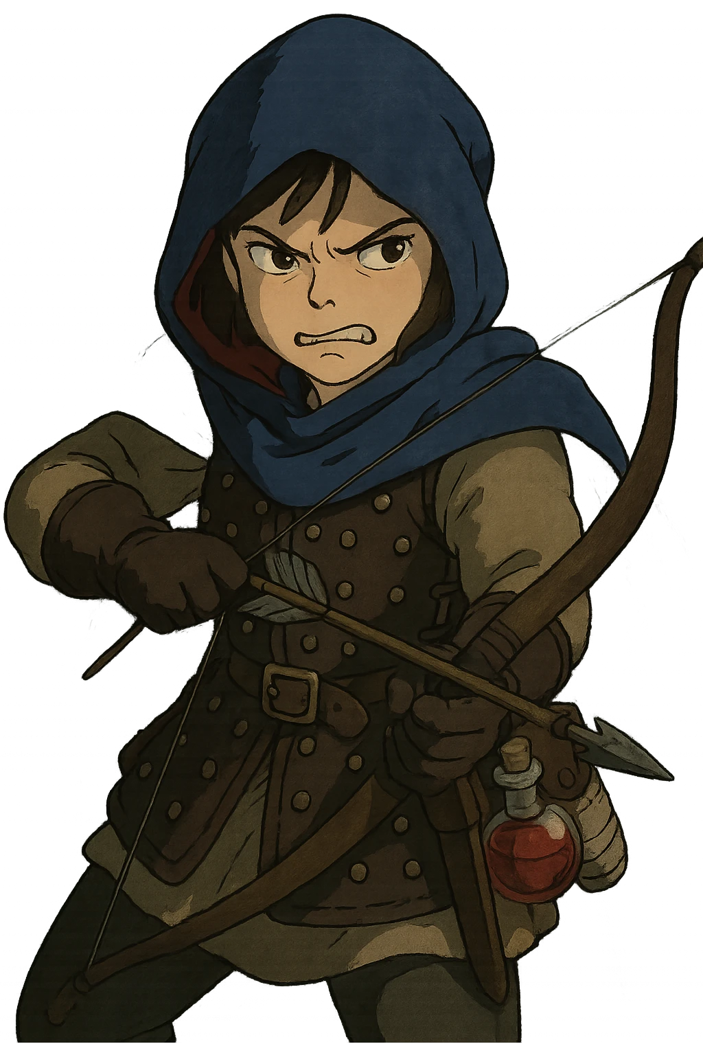 A female rouge , colored hood, wearing brigandine armor with, bow and arrow at the ready, night time shadows, tool belt with red potion and bandages, mischievous frown,  anger emoji