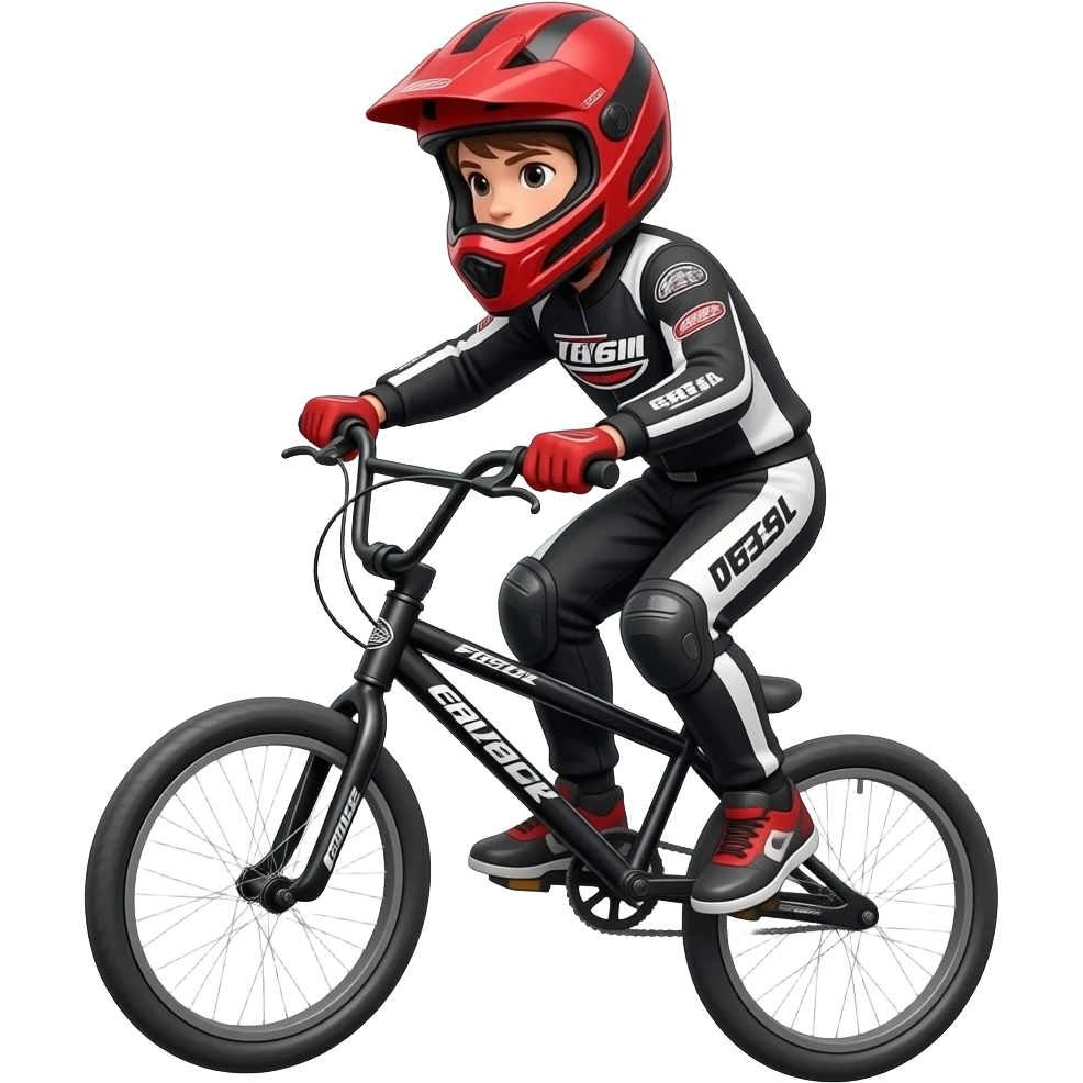 boy rider bmx jumping in red full face helment and black and white full race suit emoji