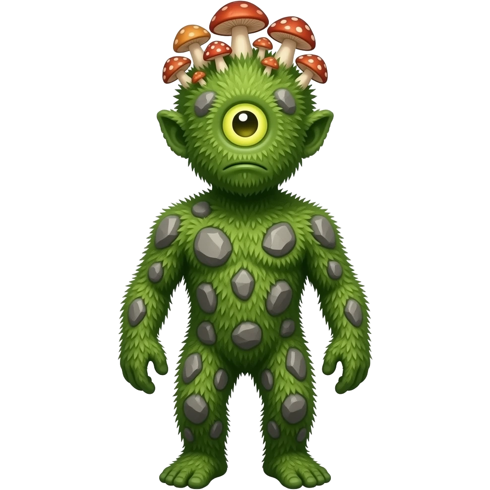 A humanoid thing with grass on it with rocks on it different mushroom growing on its head with no ears or mouth one single eye full body emoji