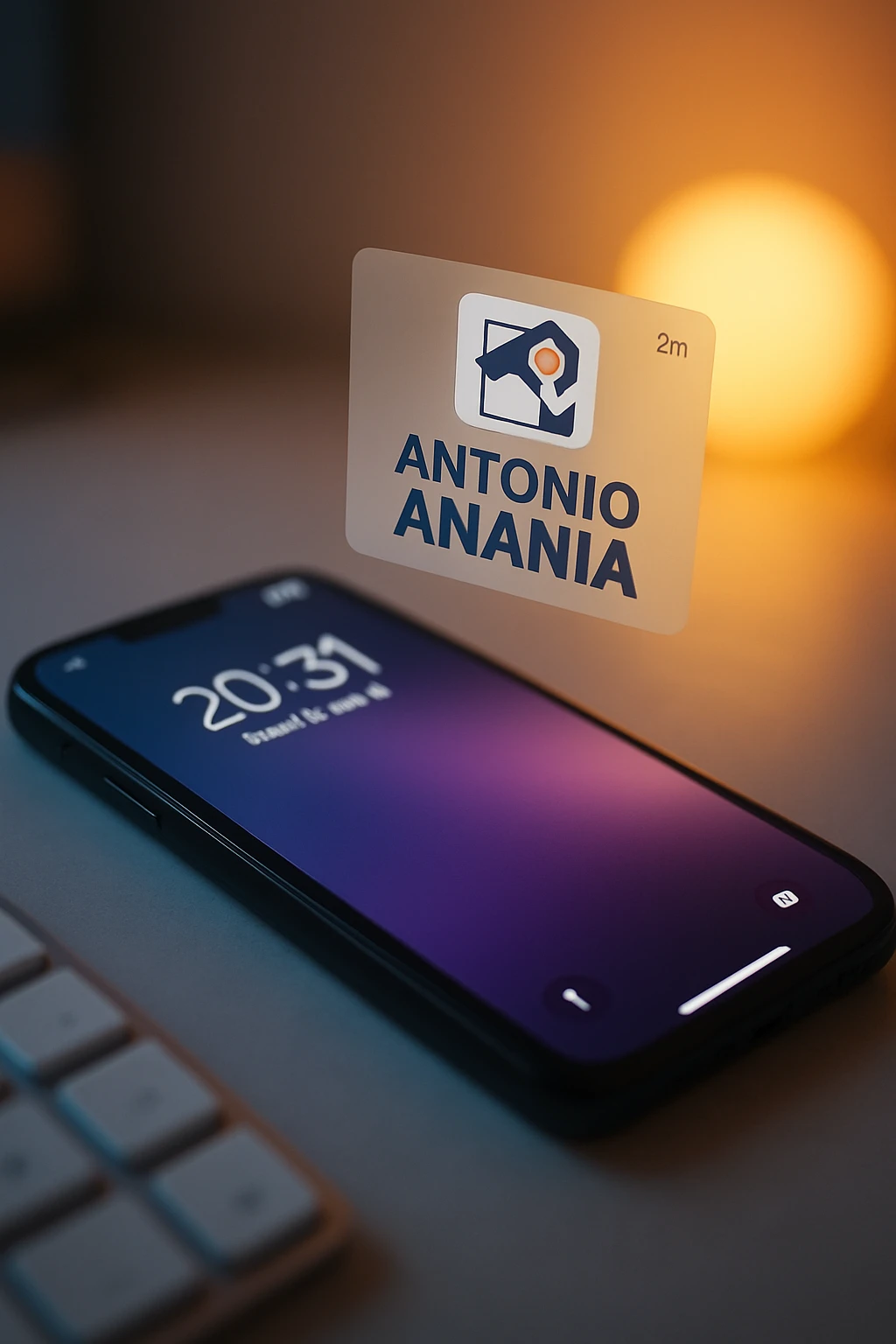 A photo of an iPhone with the message "Antonio Anania" on its screen, both surrounded by soft light and shadow. The phone sits atop a desk with a blurred background that suggests work environment. A faint glow from above casts gentle shadows across the surface of each object, creating depth and highlighting their textures. emoji