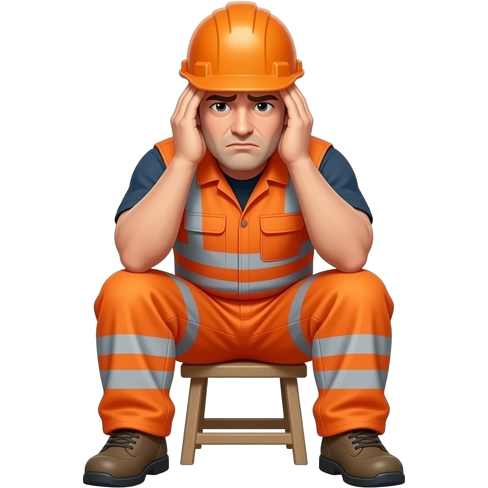 engineer sitting in full hi vis orange overalls, with head in hands, stressed emoji
