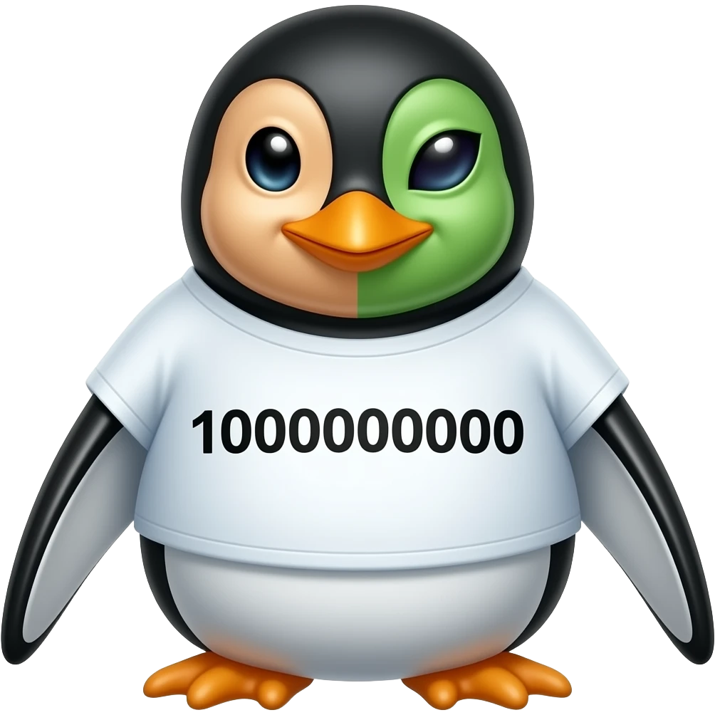 A penguin that has 1000000000 on it and with a human face and alien face and a shirt emoji