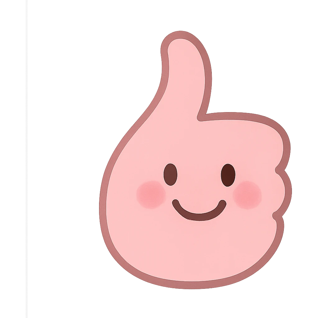 a cute pink thumbs up emoji, hand with a smiling face, blushing cheeks, friendly emoji