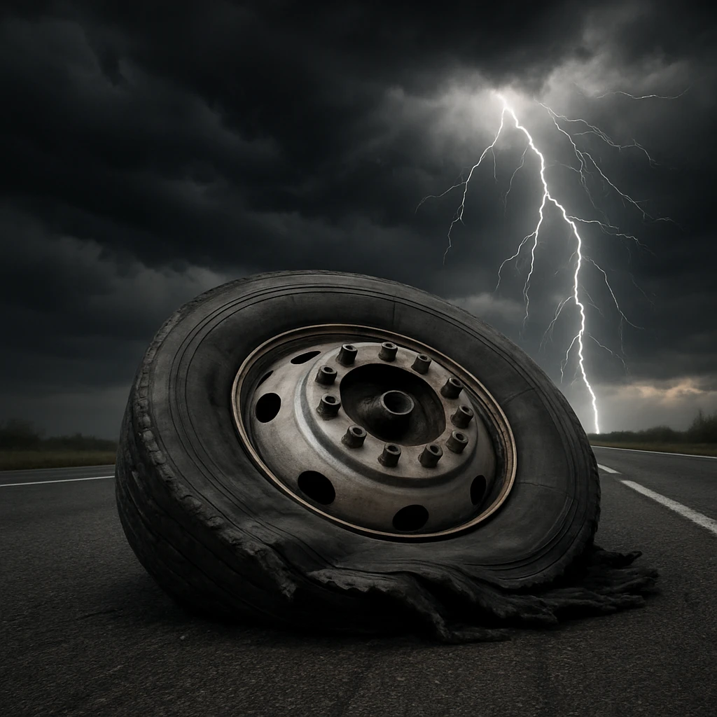 a semi truck tire, flat and damaged, on a highway with a stormy sky and lightning striking, realistic style emoji