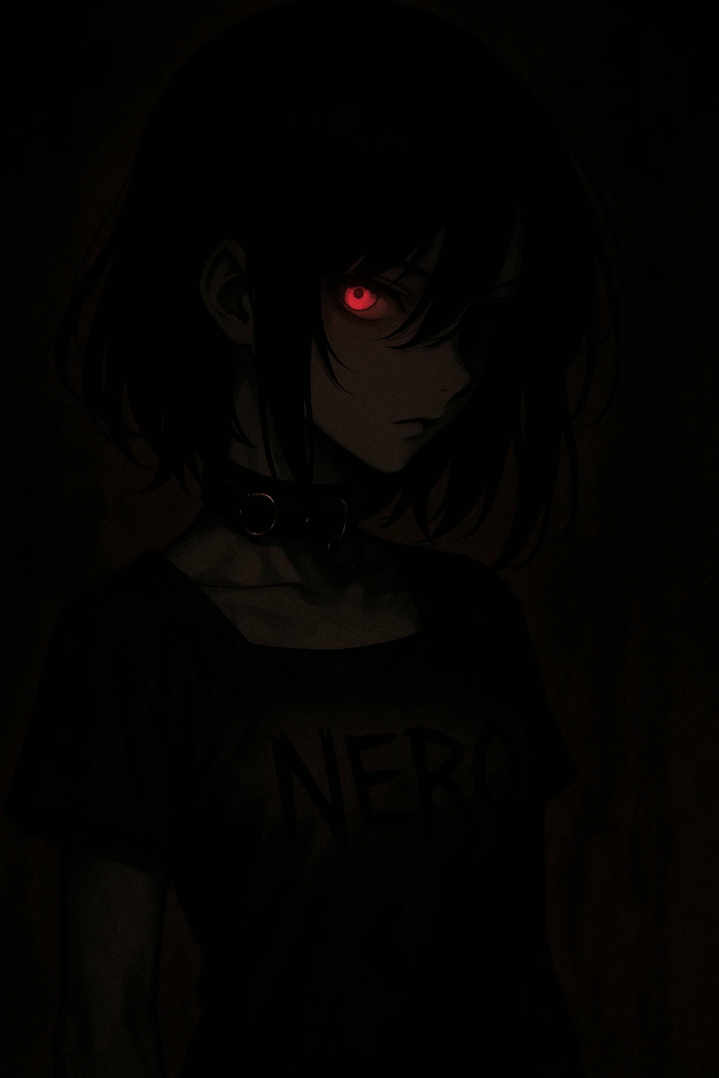 A mysterious anime girl in deep shadows, jet-black hair partially covering her face, turning to her right. Her left eye glows crimson, exuding danger and allure. She wears a dark leather choker with metal rings, and her dress is marked with 'NERO' in sharp black letters. emoji