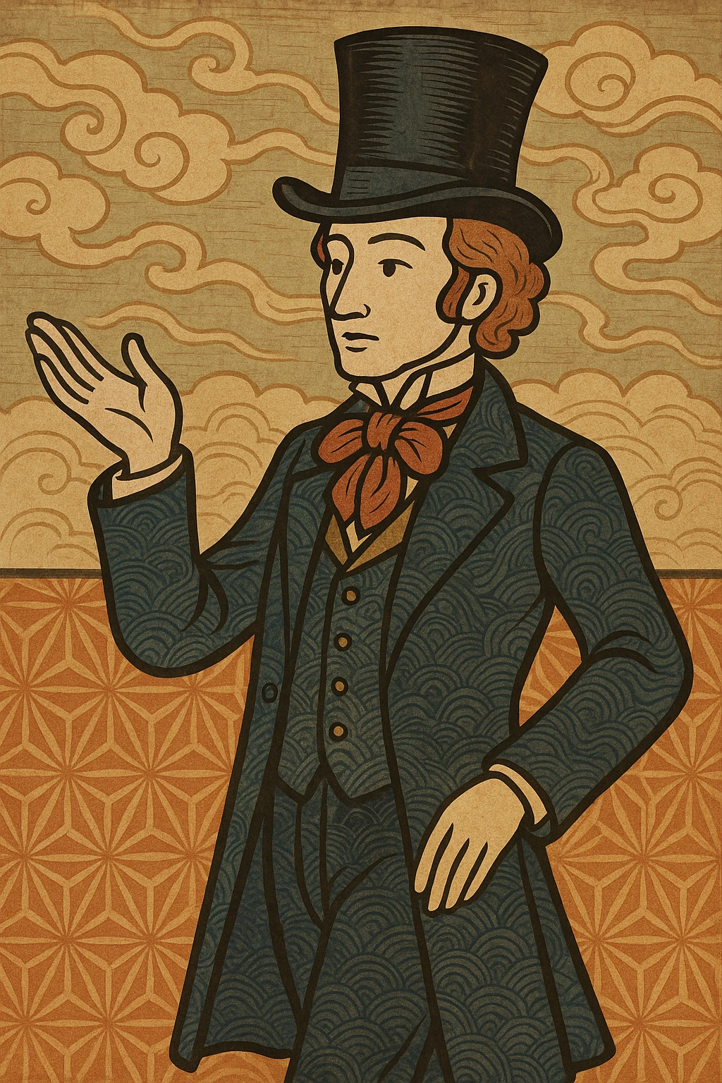 Victorian gentleman with a top hat, arm extended, ukiyo-e style emoji