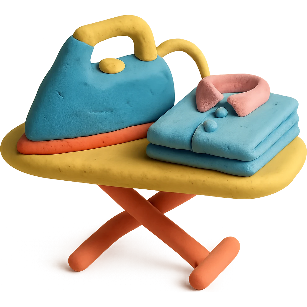 iron on ironing board with a neatly folded shirt, playful arrangement, pastel palette, claymation style emoji
