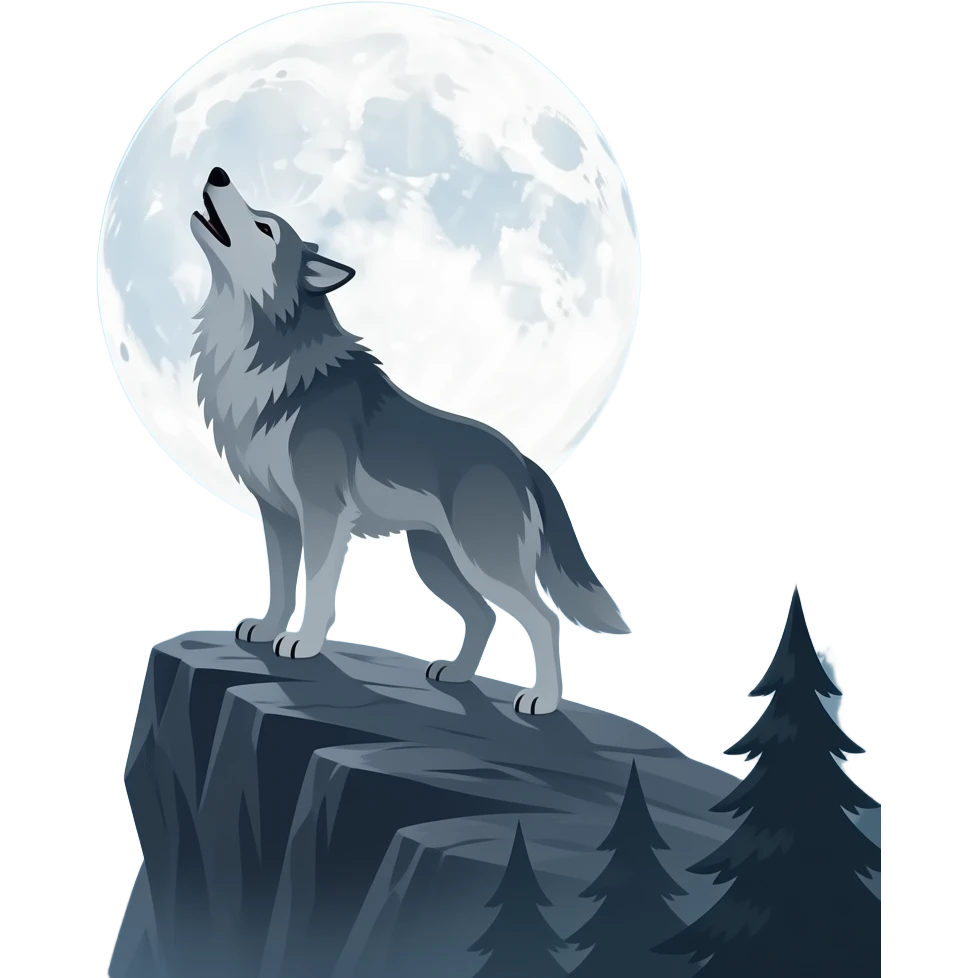 Sisli bir havada Dağların üstündeki ormanda yüksek kayanın üstünde dolunaya karşı uluyan kurt emoji