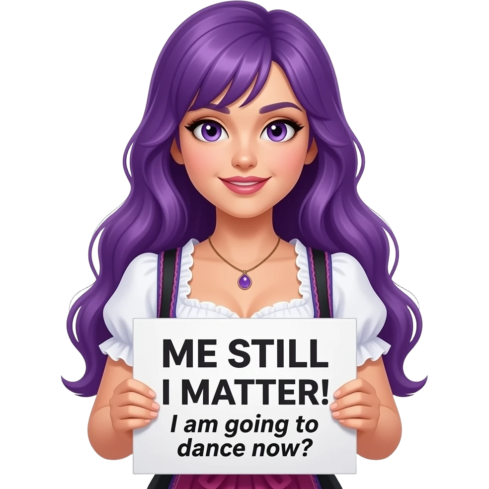 sexy girl with long purple hair and purple eyes wearing a dirndl holding a MIR DOCH EGAL! Ich gehe jetzt TANZEN sign emoji
