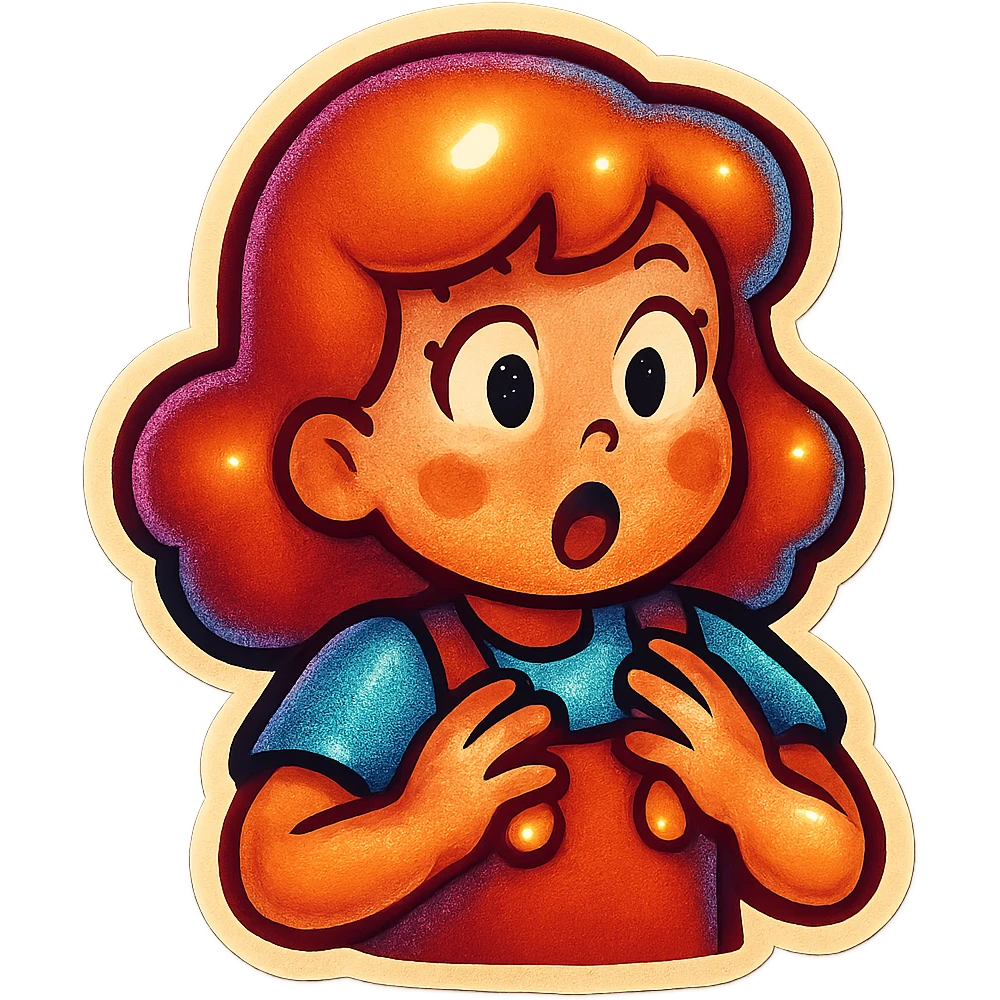 Edit the girl's face to have a surprised, wide-eyed look, maintaining the original cartoon style and quality of the retro stickers style. emoji
