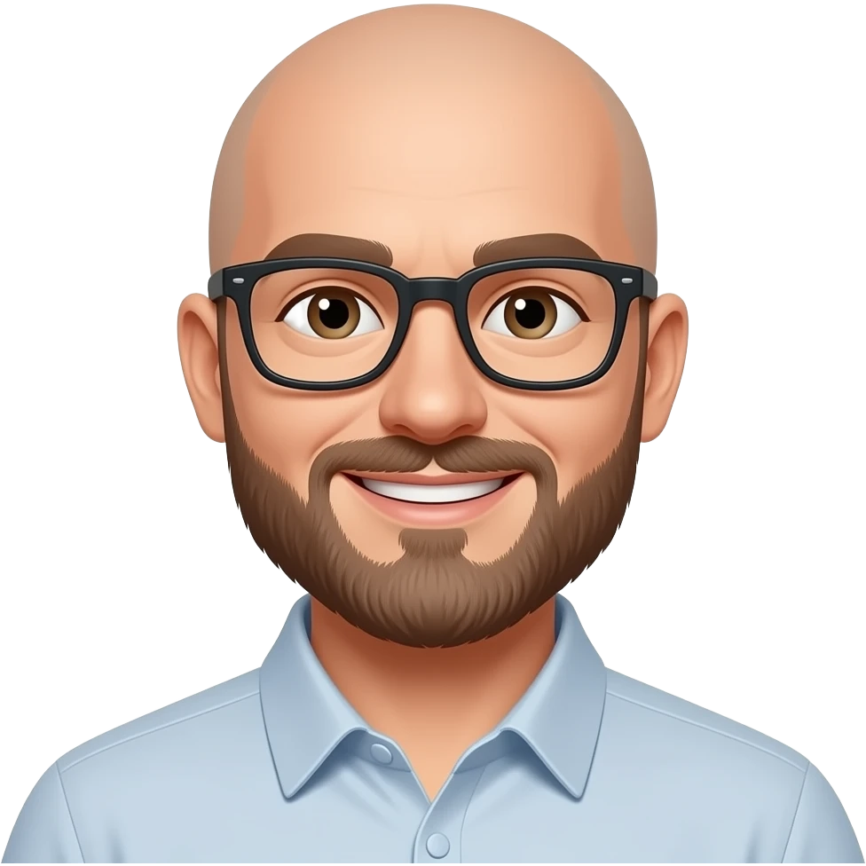 bald caucasian man with brown beard and brown eyes and black glasses, thinner and smiling emoji