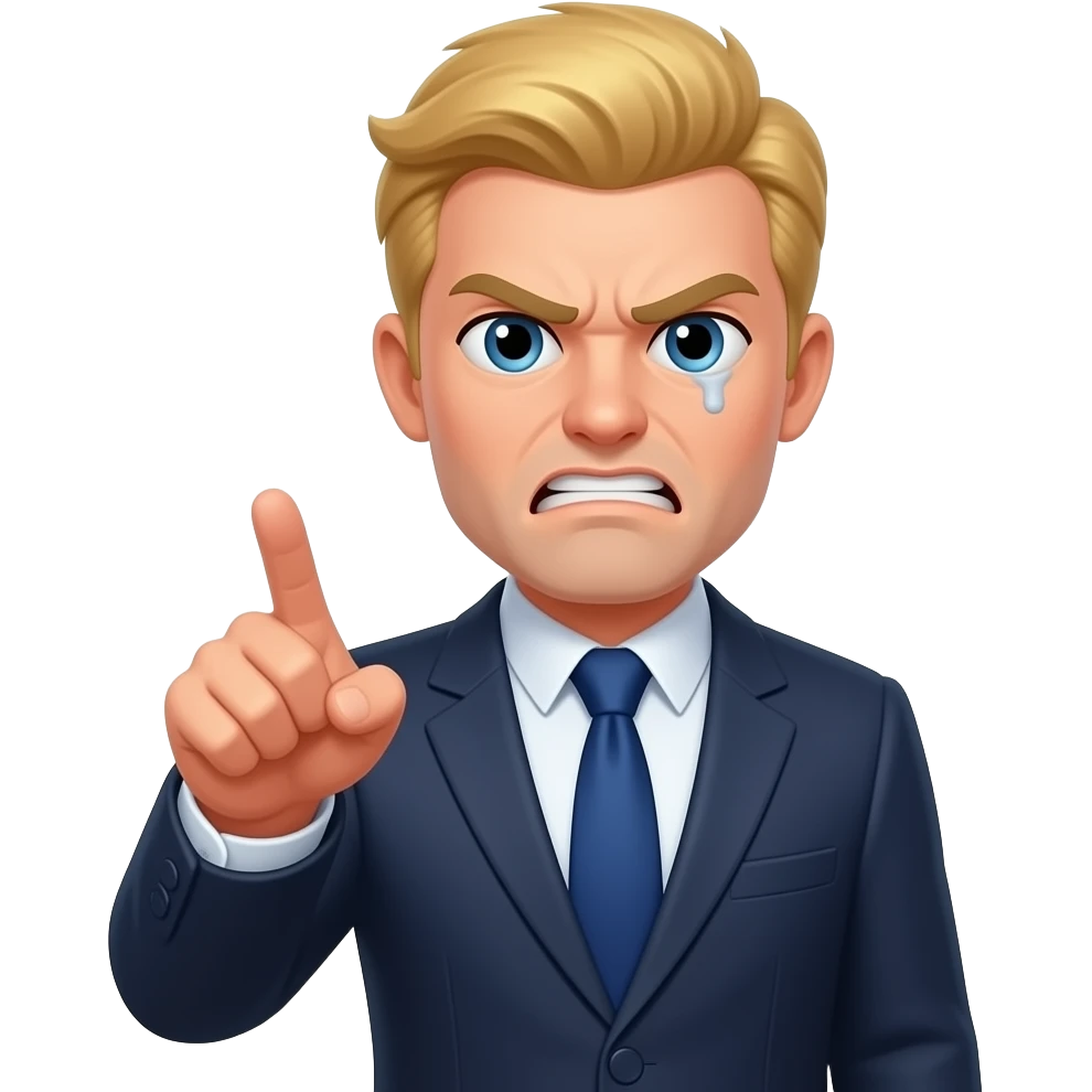 Emoji de alguien de un abogado con ropa elegante y con una corbata de azul oscuro enojado con cabello rubio una expresión cansada y enojada y a señalando emoji