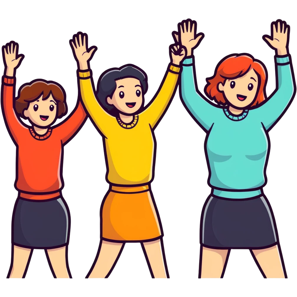 group of happy women, stylishly dressed, raising their hands emoji