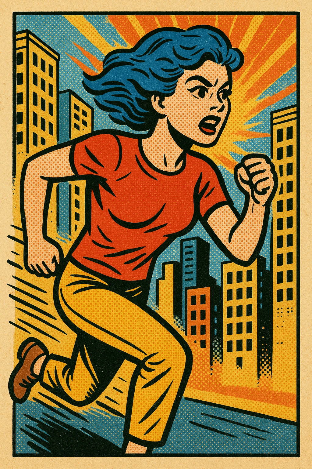 Woman with blue hair running in a city emoji