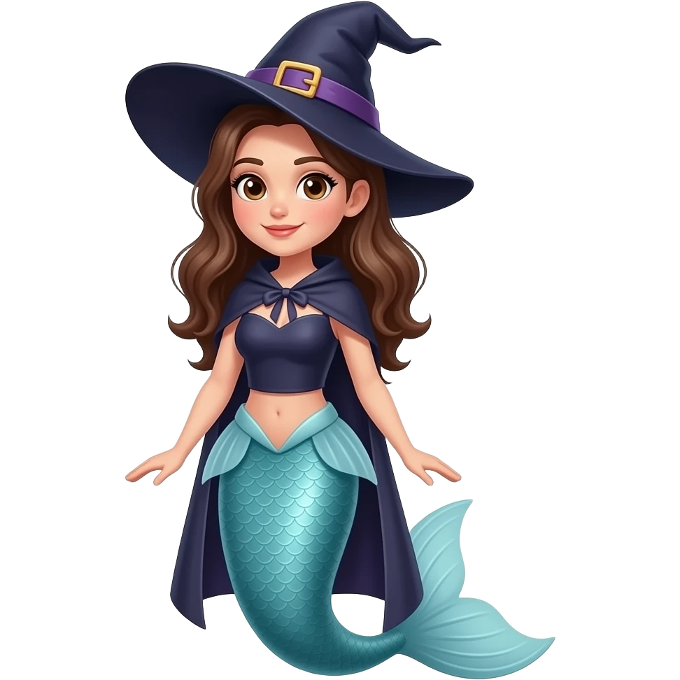 A beautiful brunette witch/mermaid with brown eyes full body emoji