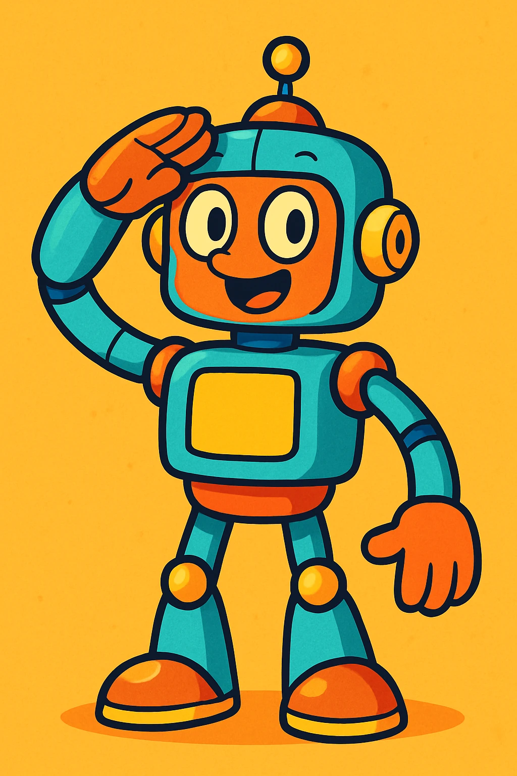 a robot giving a salute, fun cartoon style, vibrant colors, playful expression emoji