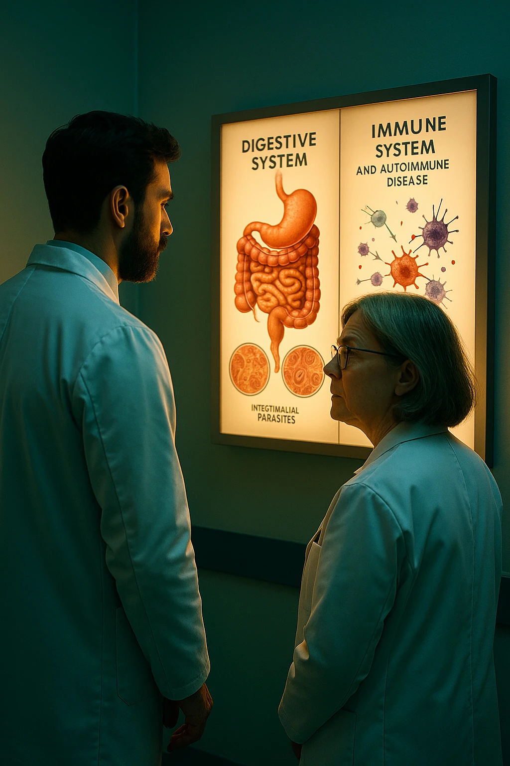 Realistic, detailed photo taken from behind of two doctors—a bearded man and a middle-aged woman—standing side by side in a modern medical office, intently studying a large, illuminated medical chart on the wall. The chart displays a detailed diagram of the human digestive system, highlighting the intestines and showing microscopic images of intestinal parasites. Next to it, another chart illustrates the immune system attacking healthy tissues, visually connecting gut parasites to autoimmune disease mechanisms. The room is bathed in a single green-blue color, with a warm, yellow-orange light casting soft shadows around the doctors. Both wear white coats and have serious, focused expressions, suggesting a deep discussion about the root causes of autoimmune conditions. Shot with a Canon EOS R5, with high detail, natural depth of field, and a clinical yet dramatic atmosphere. emoji