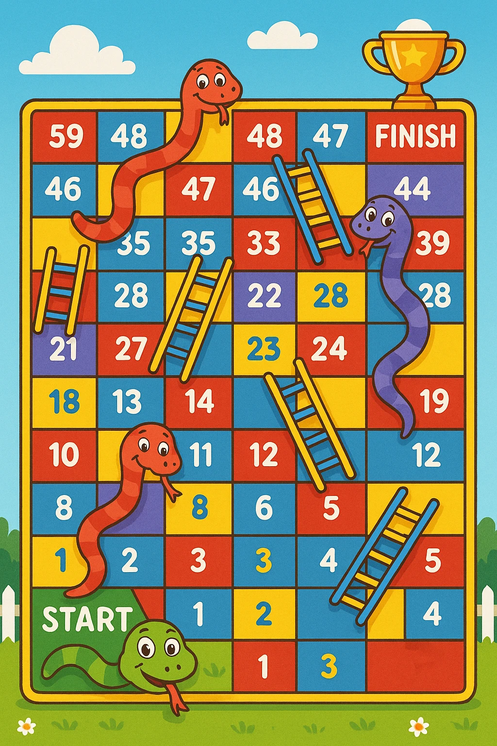 Create a colorful rectangular board game path in the classic "Snakes and Ladders" style. The path consists of 50 numbered squares arranged in a winding pattern across 4–5 horizontal rows. The path starts in the bottom-left corner with a cheerful cartoon snake's face and the word "START", and ends in the top-right corner with a trophy icon and the word "FINISH". Include several snakes that slide the player down (curvy red or purple snakes with playful expressions) and ladders that move the player up (brightly colored ladders with blue or yellow rungs). Some squares are colored differently (e.g. red, blue, yellow) to indicate special actions. The background is bright and fun, with a blue sky, white clouds, green grass, and a picket fence with flowers. Style: digital cartoon illustration with bold lines, vibrant colors, and a joyful, child-friendly atmosphere. The entire board should be playful, engaging, and suitable for kids aged 5–10. emoji
