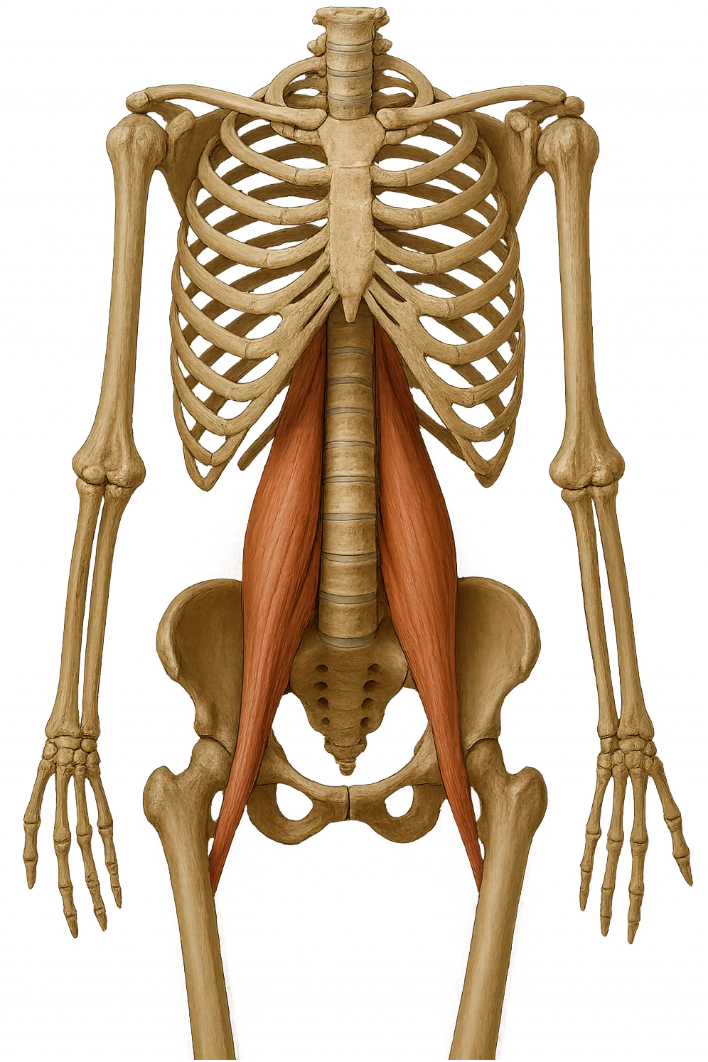 fai un immagine identica che riguarda IL MUSCOLO PSOAS i in evidenza (anatomicO) con colori naturali di un corpo umano. falla iperrealistica anatomica in 4k emoji