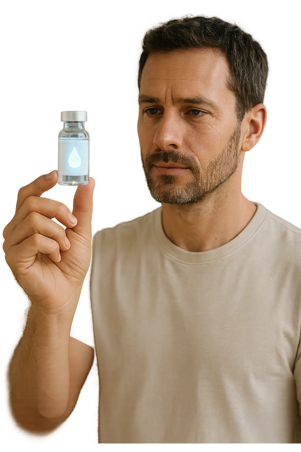 A realistic, high-quality cinematic photo of a health-conscious man in his late 30s holding a small clear glass vial filled with structured, informatized water used in kinesiological treatments. The man is standing in a bright, clean holistic therapy studio with wooden furniture and plants, looking at the vial with a focused, hopeful expression. The vial has a minimalist label with a water droplet symbol, glowing softly to symbolize its informational energy properties. The atmosphere is calm, professional, and filled with natural light, conveying the holistic, gentle yet advanced nature of kinesiological practices emoji
