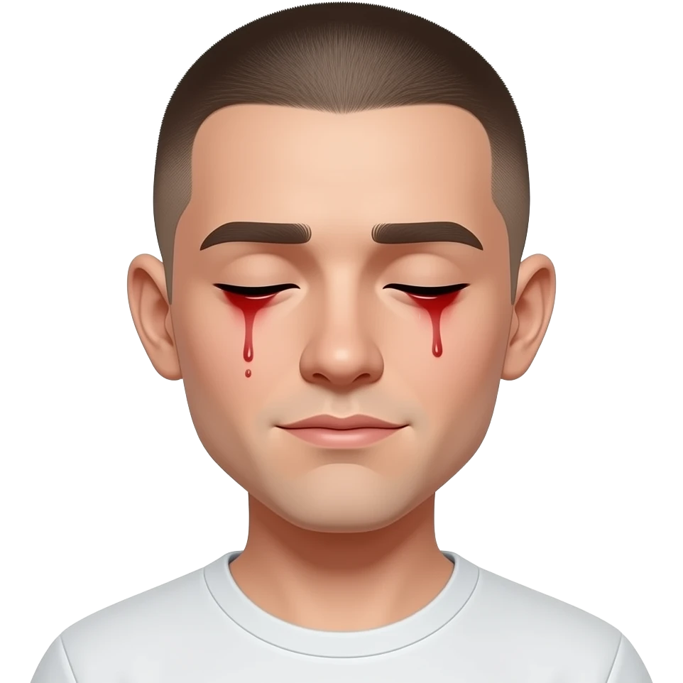 a young man with a fresh buzz cut, showing immediate signs of being high. His eyes are severely bloodshot, glassy, and half-closed with heavy, drooping eyelids. He has a dazed, distant, and vacant expression with a subtle, relaxed smirk. emoji
