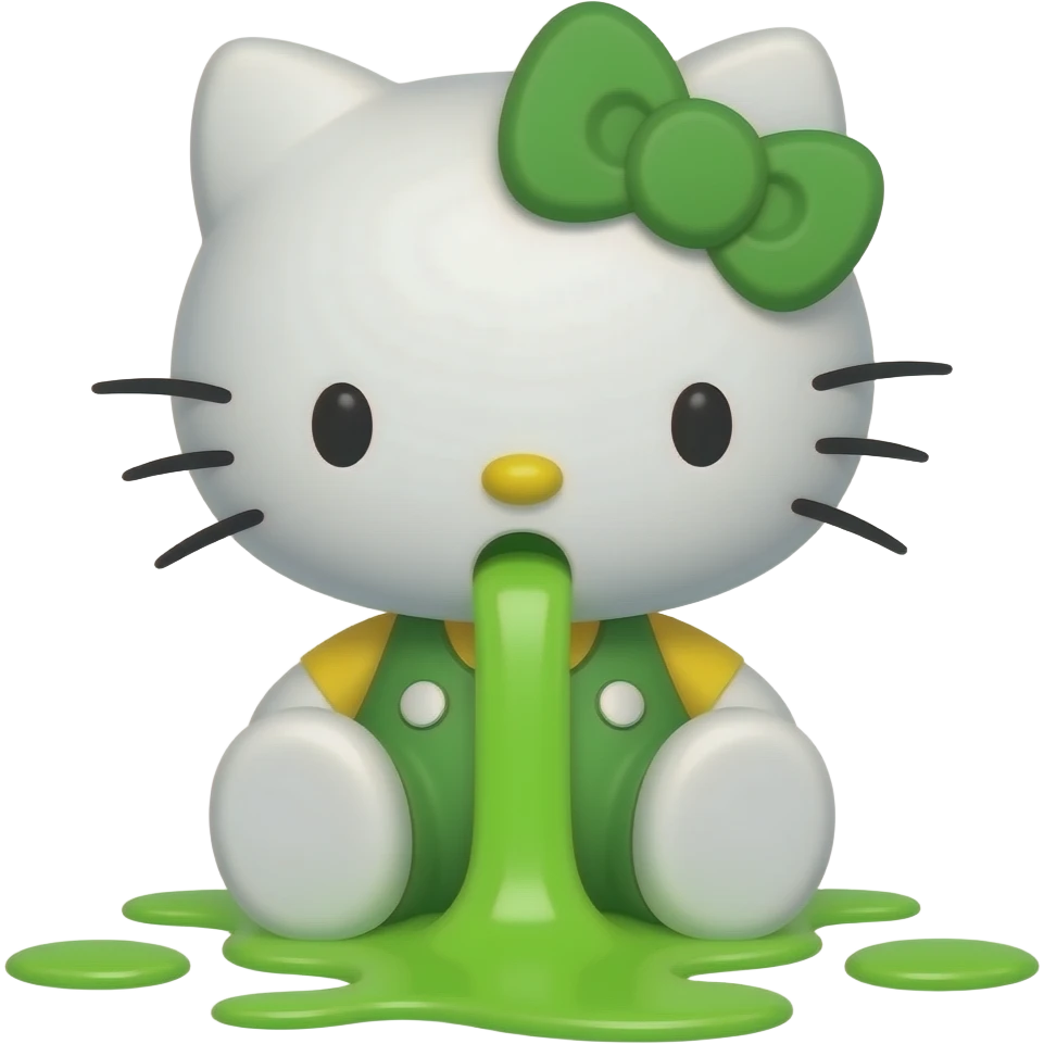 green-white hello kitty is vomiting neon green through her mouth, spewing it out onto the floor at her feet niagara fuck emoji