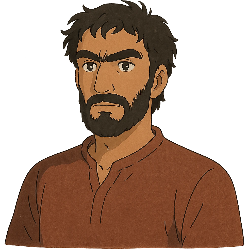 A Tajik man with medium to tall height, well-defined features, slightly curved nose, dark-brown eyes, thick eyebrows meeting above the nose, slightly wavy hair, and rich brown skin emoji