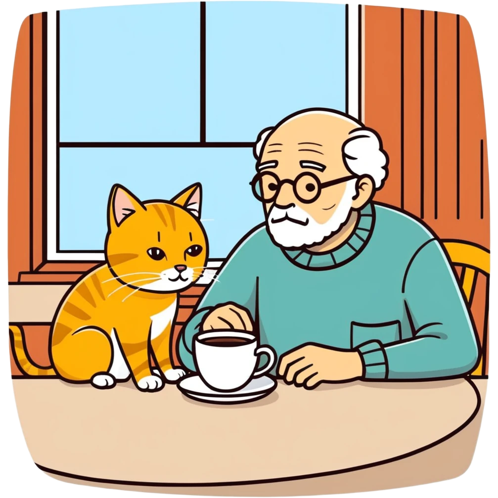  old blind man having coffee at the table ￼ with his golden cat  emoji