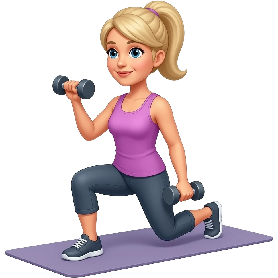 50 year old medium blonde hair woman doing weighted lunges with dumbbells - no pony tail emoji