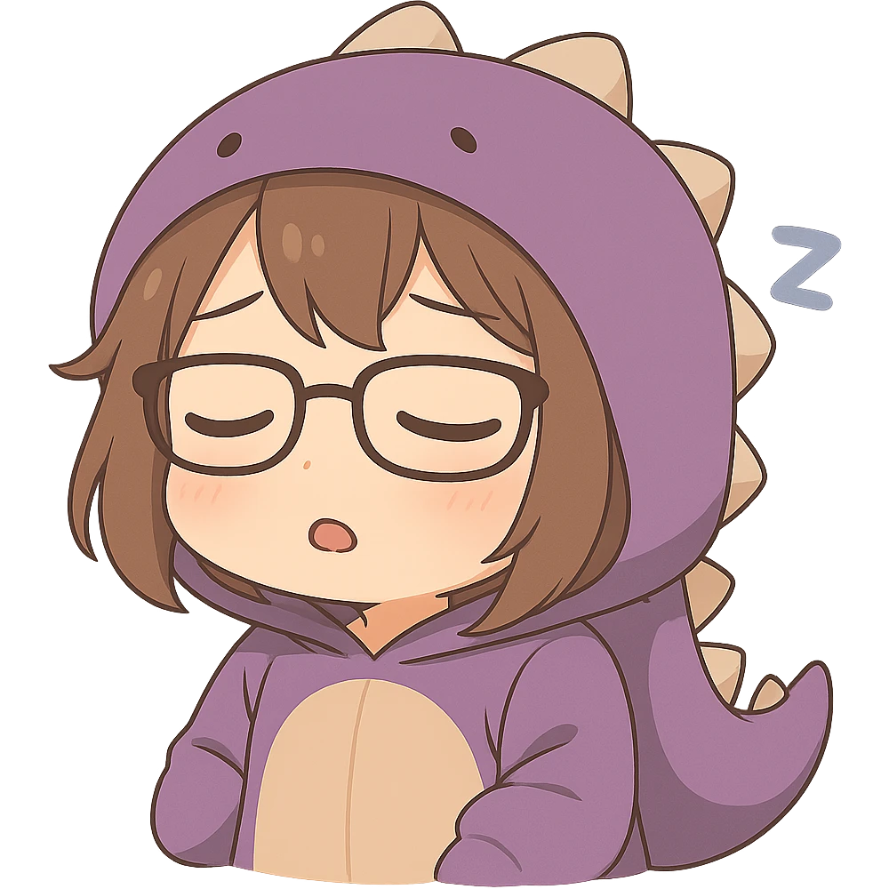 Chibi anime style gamer girl with glasses, brown hair, dark purple eyes, wearing a purple dinosaur costume, making a sleepy emote, no controller, same style as reference, no background. emoji