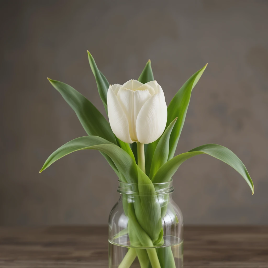 a white tulip in a glass vase, gentle lighting, realistic emoji
