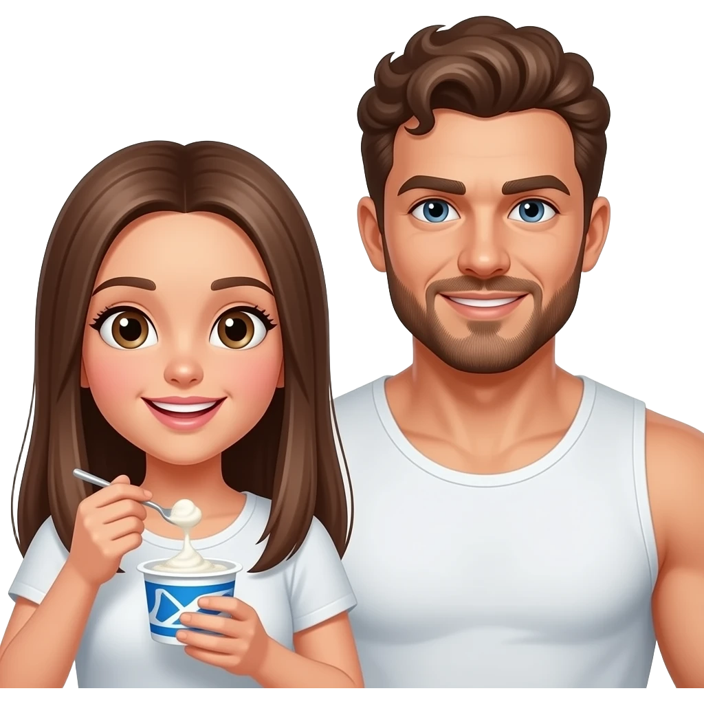 Realistic pale skin brown long straight hair girl eating greek yogurt together with her short brown curly hair and beard muscular man HD emoji