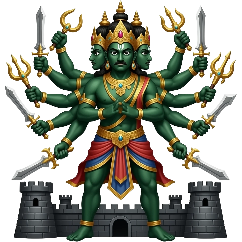 Tosakan, the demon king of Lanka, ten heads and twenty arms, giant form, holding multiple celestial weapons, dark green skin, tyrannical and majestic, standing on a dark fortress. emoji