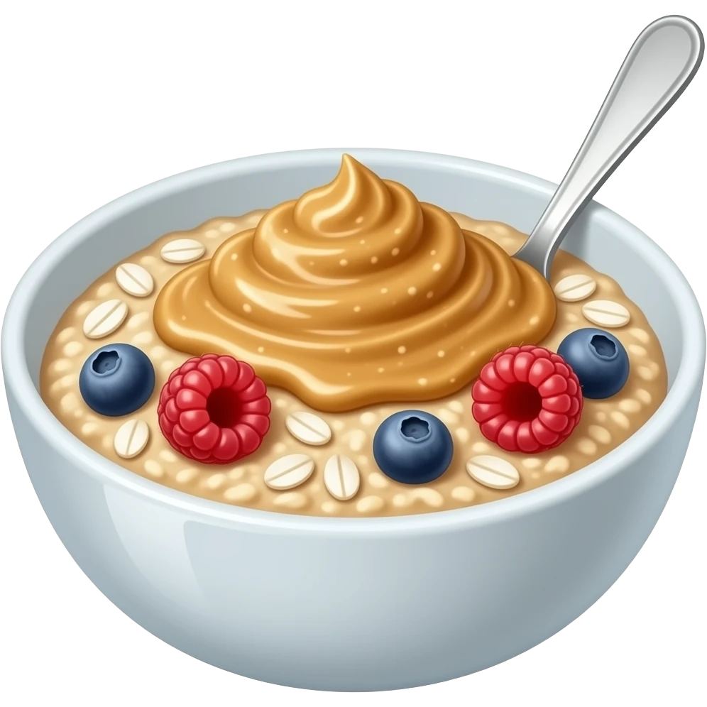 bowl of oatmeal with peanut butter, coconut flakes, blueberries and raspberries and a spoon emoji