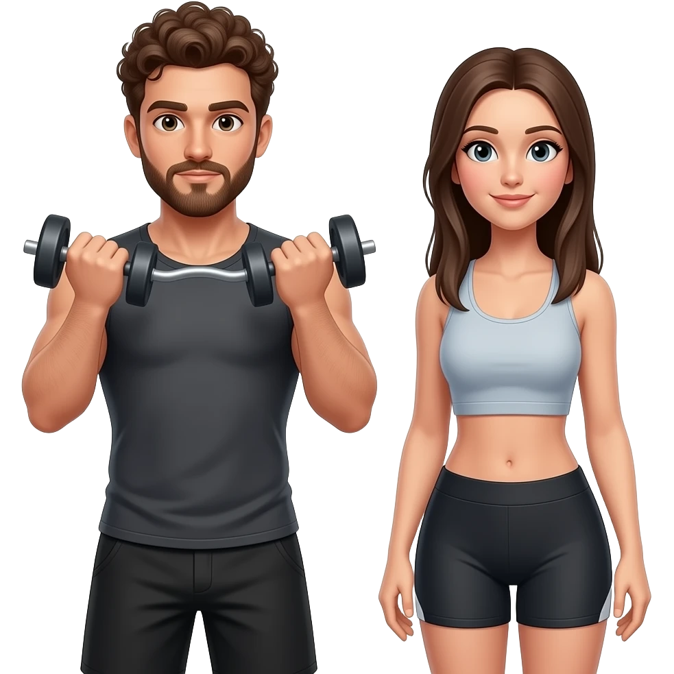 Realistic white man brown super short curly hair with beard working out with realistic white woman brown long straight hair aesthetic emoji