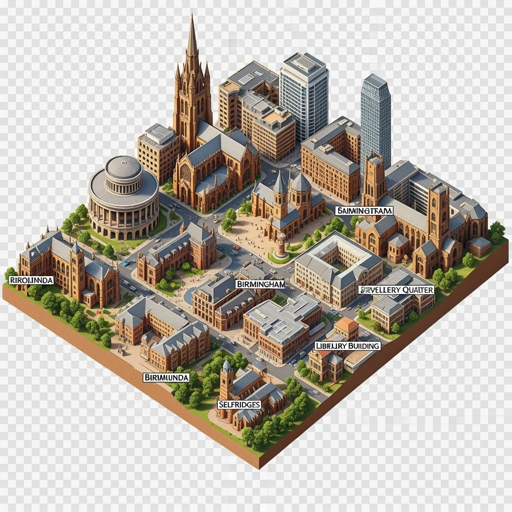 Isometric illustration-model of panorama view Birmingham with photorealistic main attractions, balanced between stylized and realistic, 3D miniature effect, transparent background. emoji