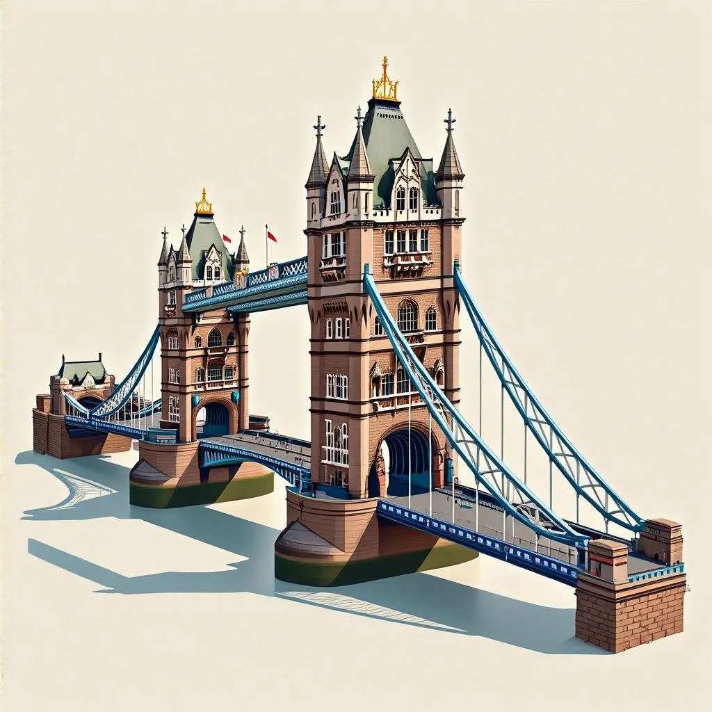 Isometric illustration of photorealistic Tower Bridge in London, detailed towers and suspension sections, subtle brick and metal textures, miniature style with soft shadows, transparent background. emoji