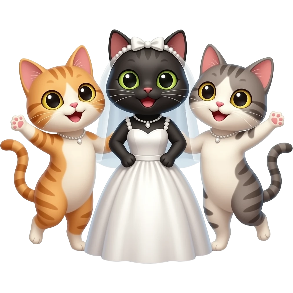 three happy female cats celebrating a bride cat emoji