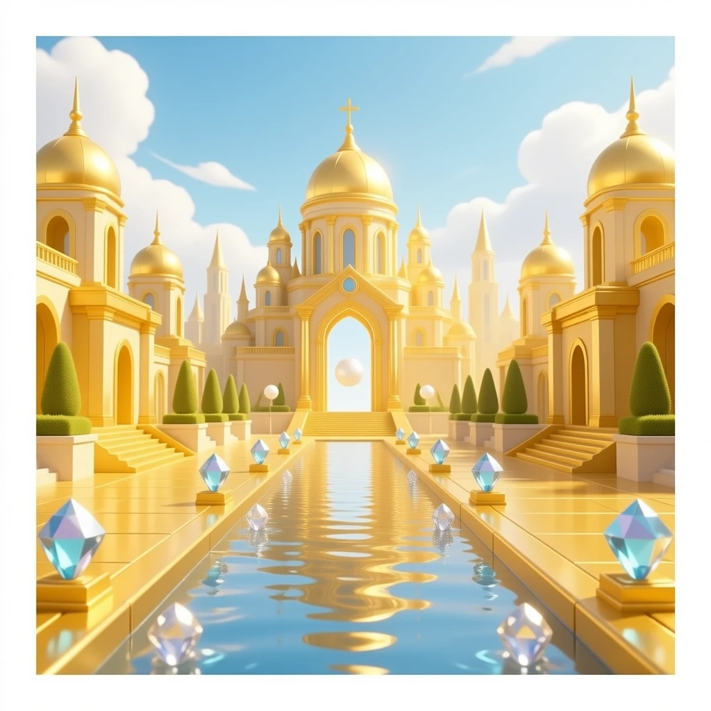 A cinematic slow moving shot of a heavenly golden city, shining gold streets made of pure gold, clear crystal river flowing gently, sparkling gemstones embedded in the foundations, soft glowing light from heaven, pearl gates slowly opening, divine atmosphere, peaceful, majestic, ultra realistic emoji