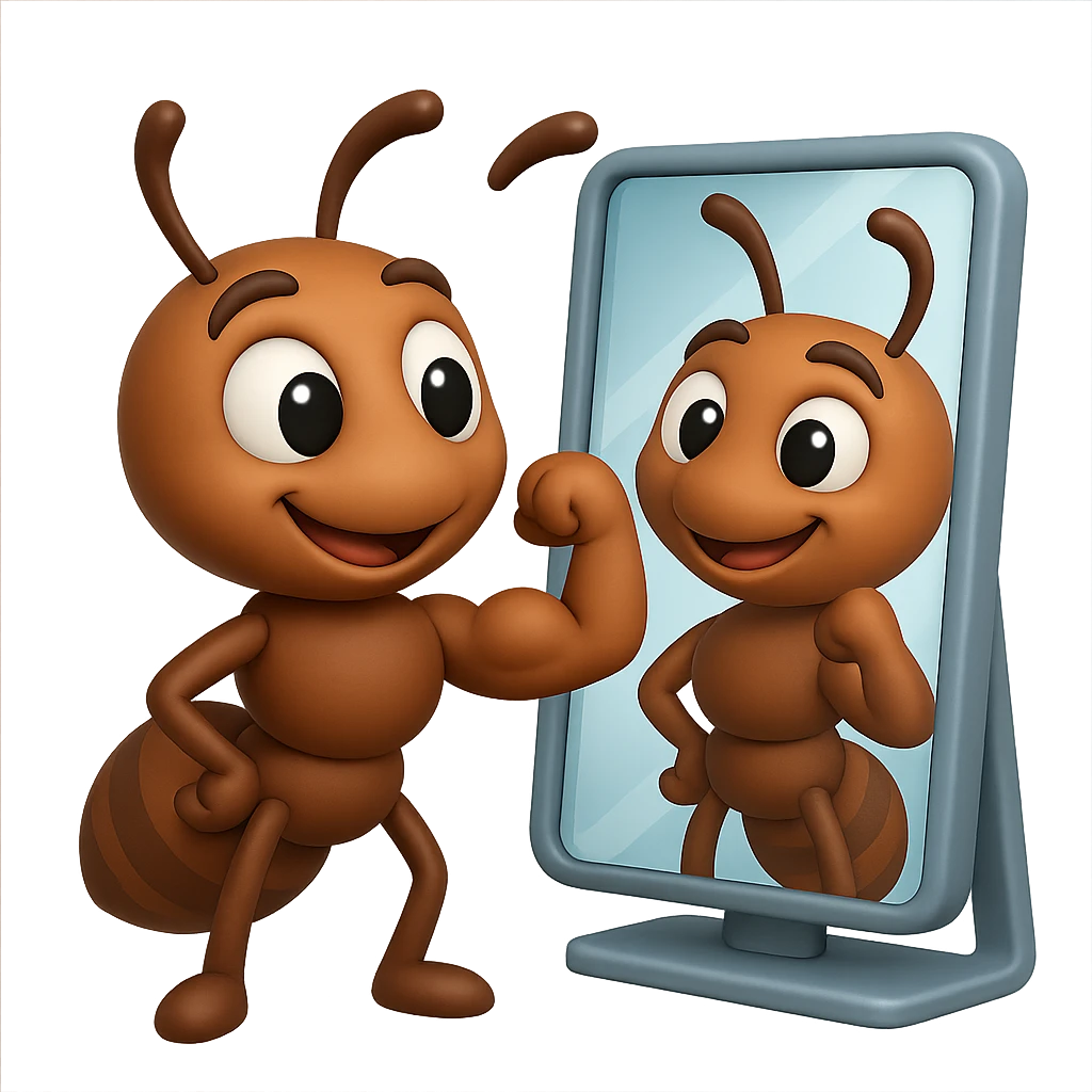 EMOJI STILE IPHONE 3D DI una formica che si guarda allo specchio felice e sicura di sè mentre contrae il suo bicipite muscoloso, fagli anche la parte bianca degli OCCHI, non solo la pupilla emoji