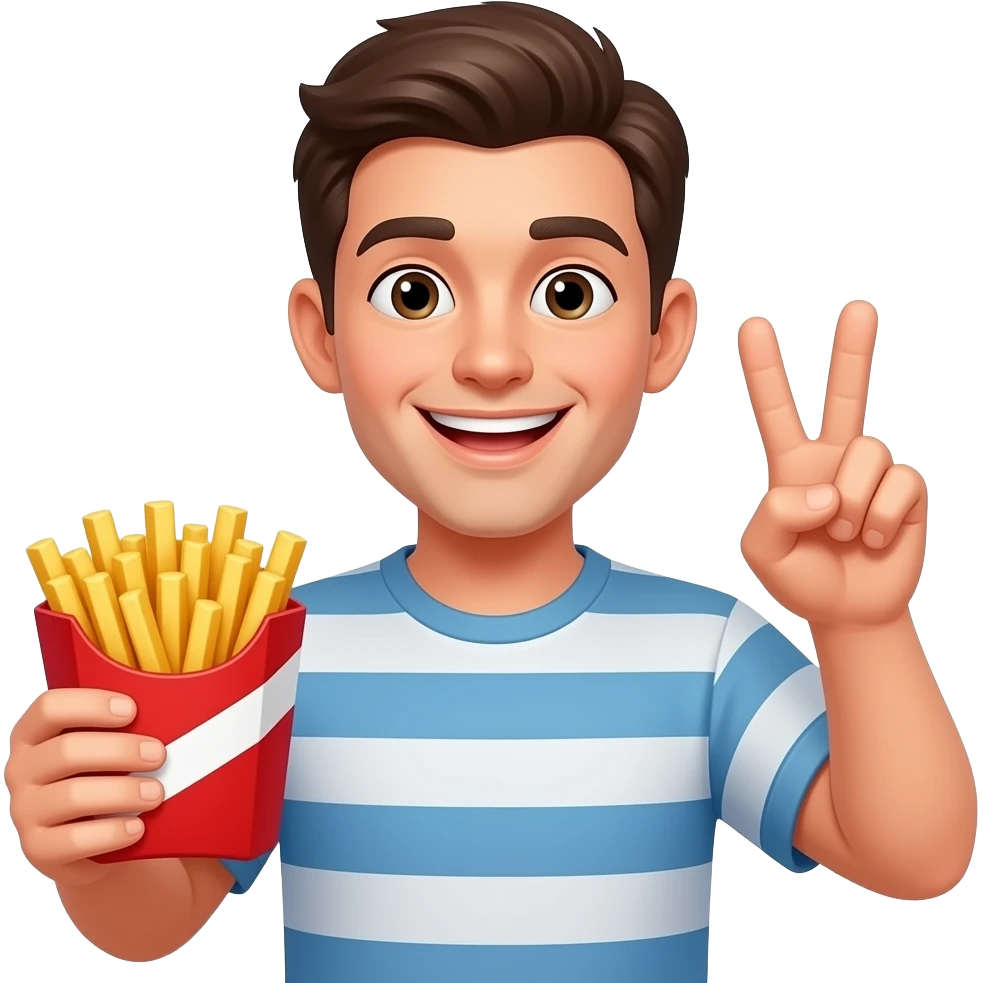 Guy holding fries holding up the peace sign smiling emoji