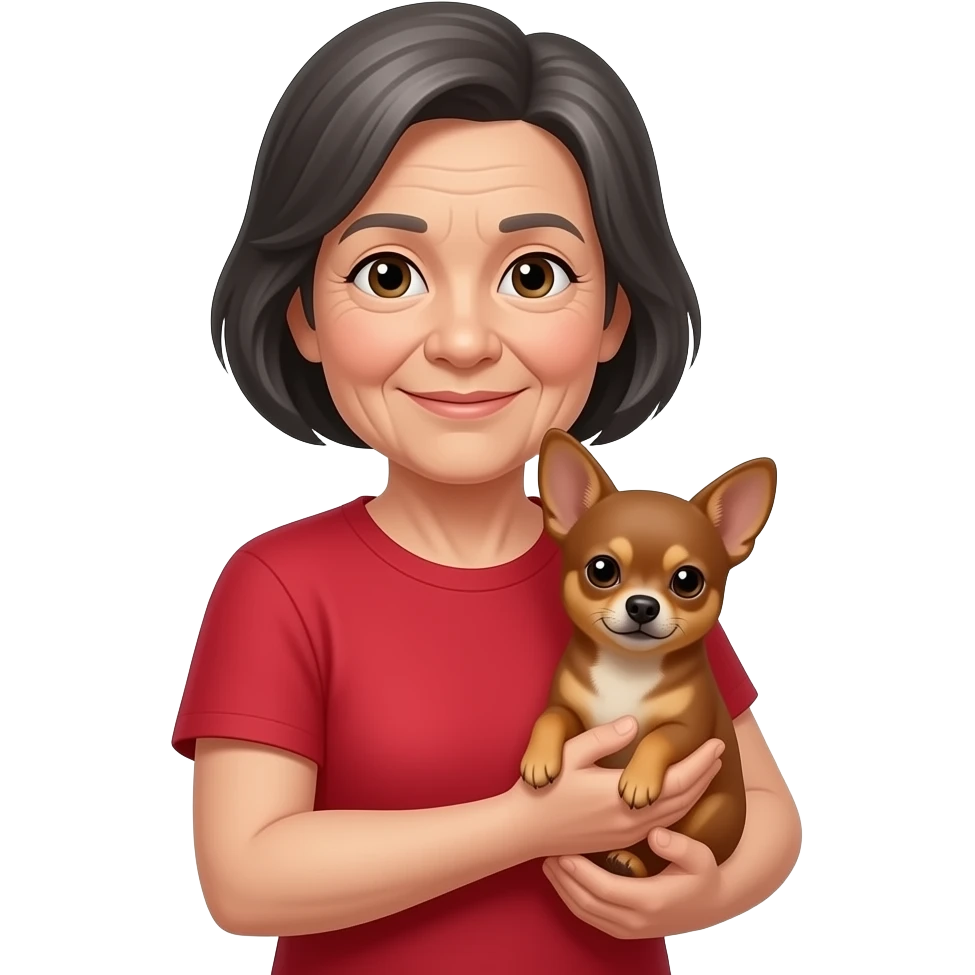 old lady, short dark gray light gray hair, red tshirt, holding a brown chihuahua emoji