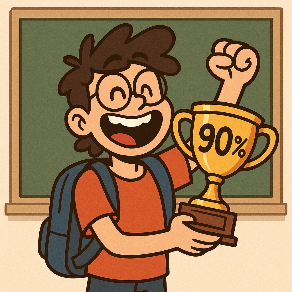 a happy student holding a trophy labeled '90%', standing in front of a chalkboard, cartoon style emoji