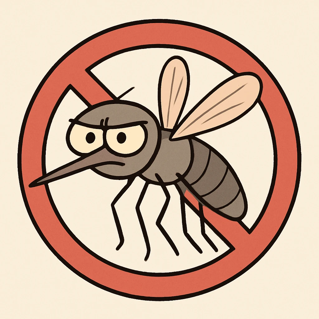minimal cartoon mosquito inside a bold red circle with diagonal line, clear and easy to understand, simple cartoon style emoji